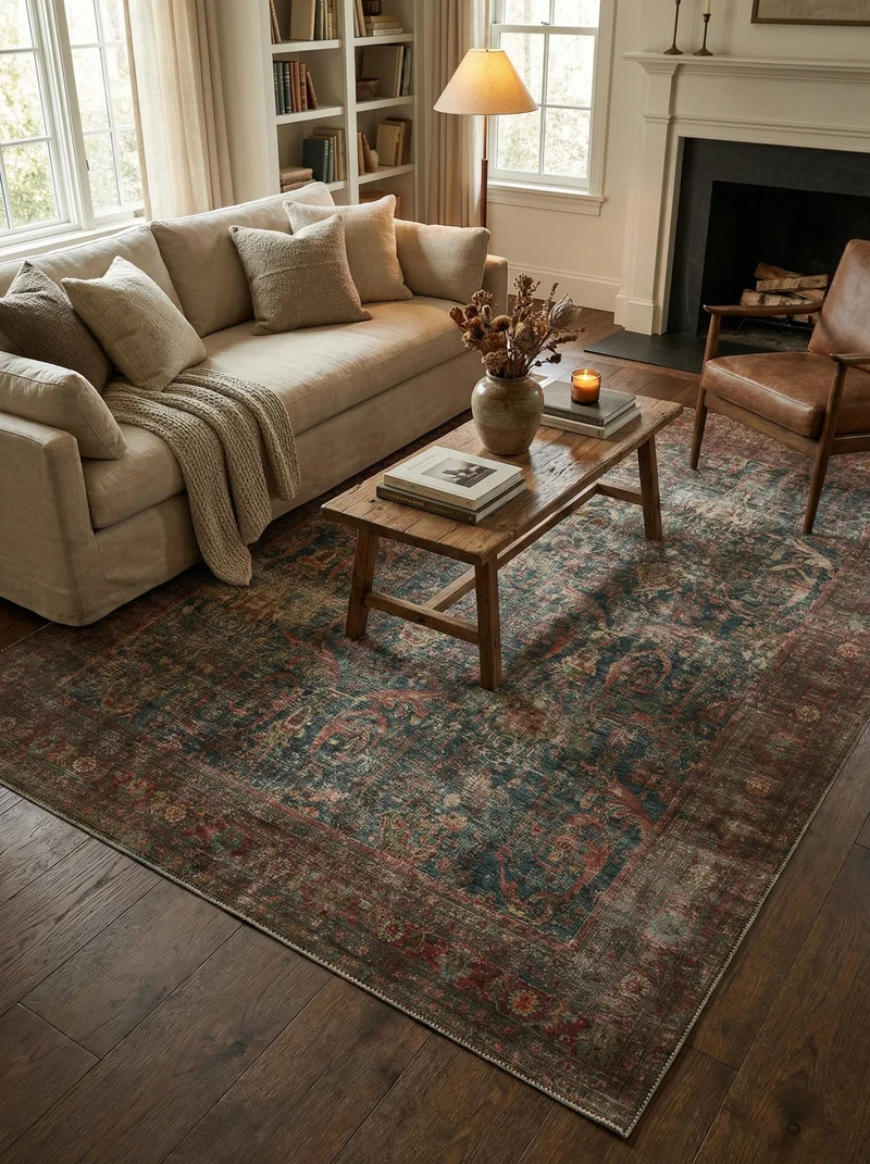 Tapis Lavable Vintage Terracotta & Bleu - Vadi