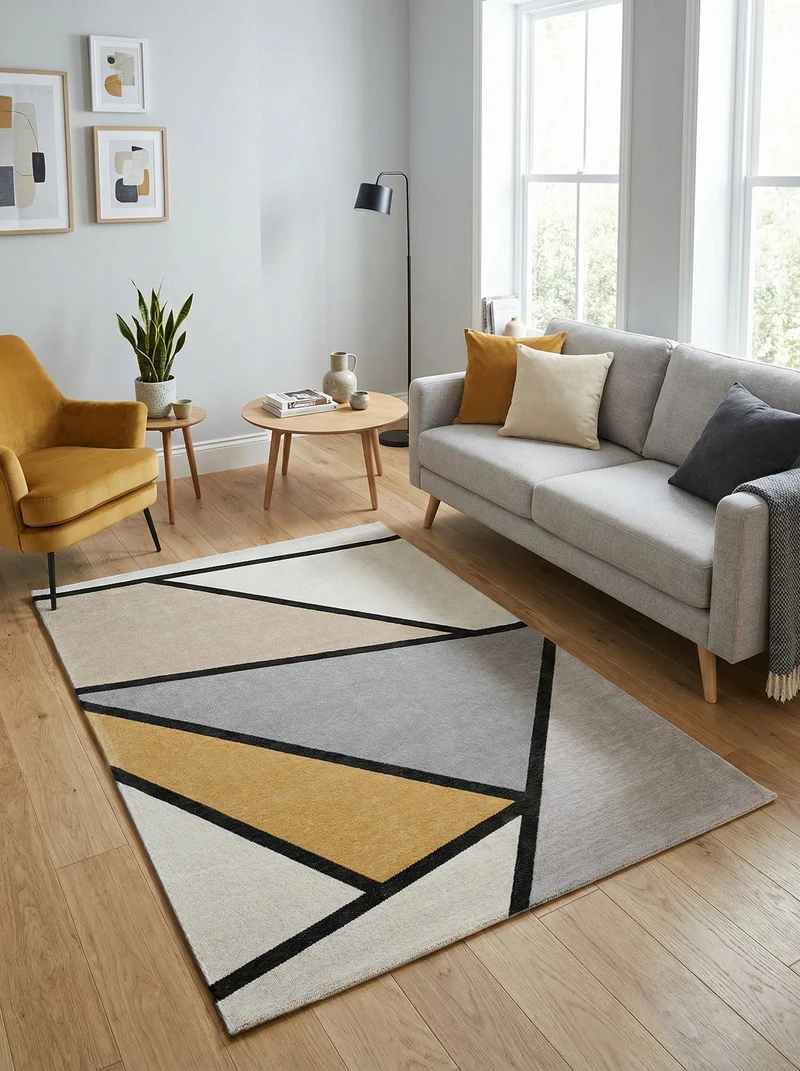 Tapis Lavable Géométrique Jaune & Gris - Freya