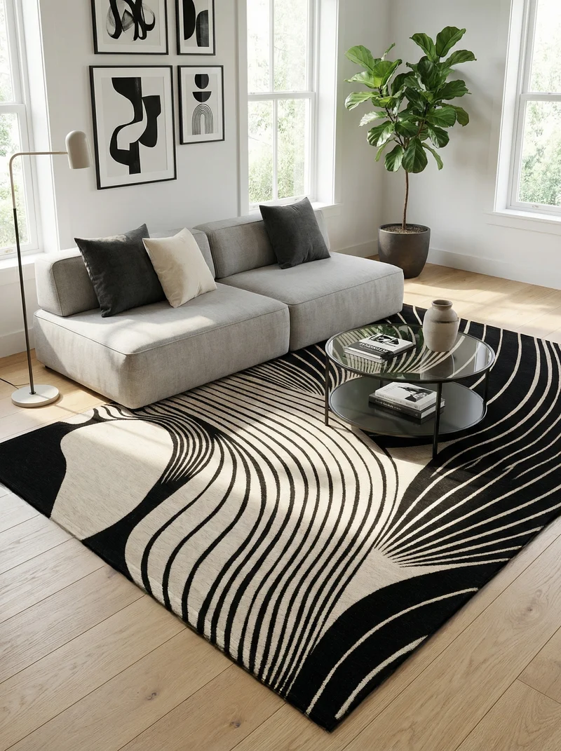 Tapis Lavable Moderne Noir & Beige - Mistral
