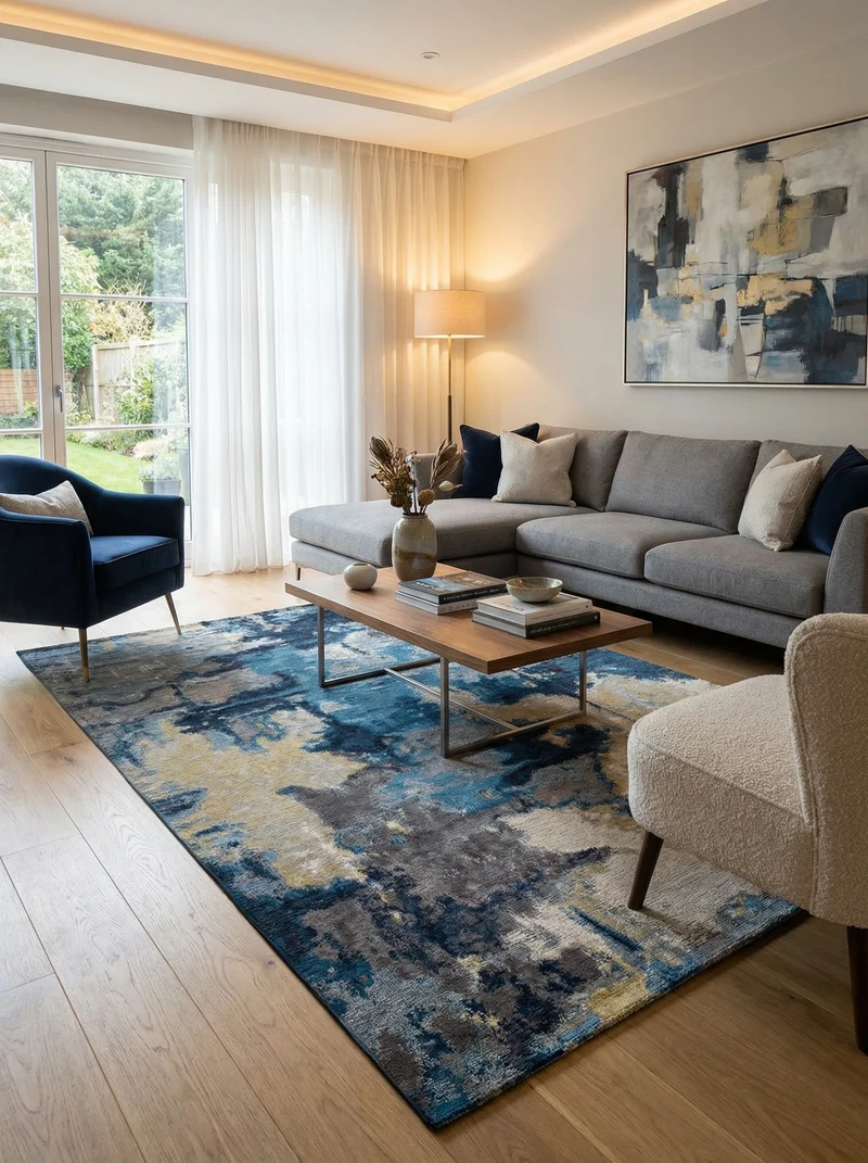 Tapis Lavable Abstrait Bleu & Beige - Palazzo