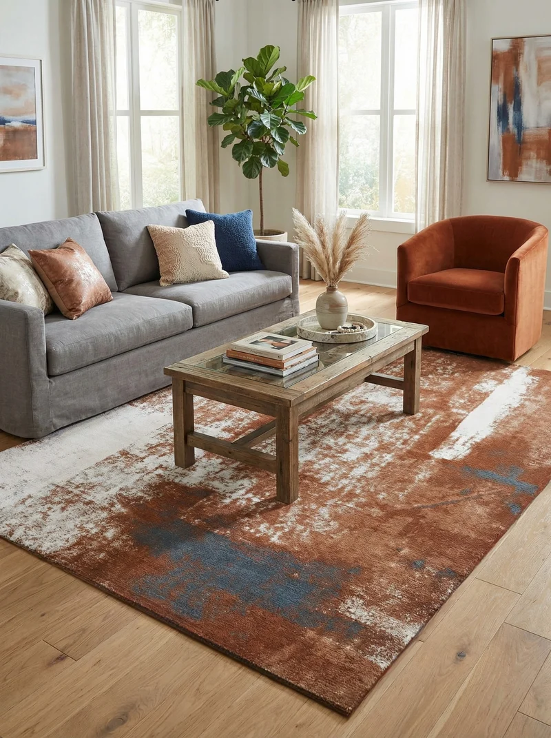 Tapis Lavable Abstrait Terracotta & Gris - Vulcan