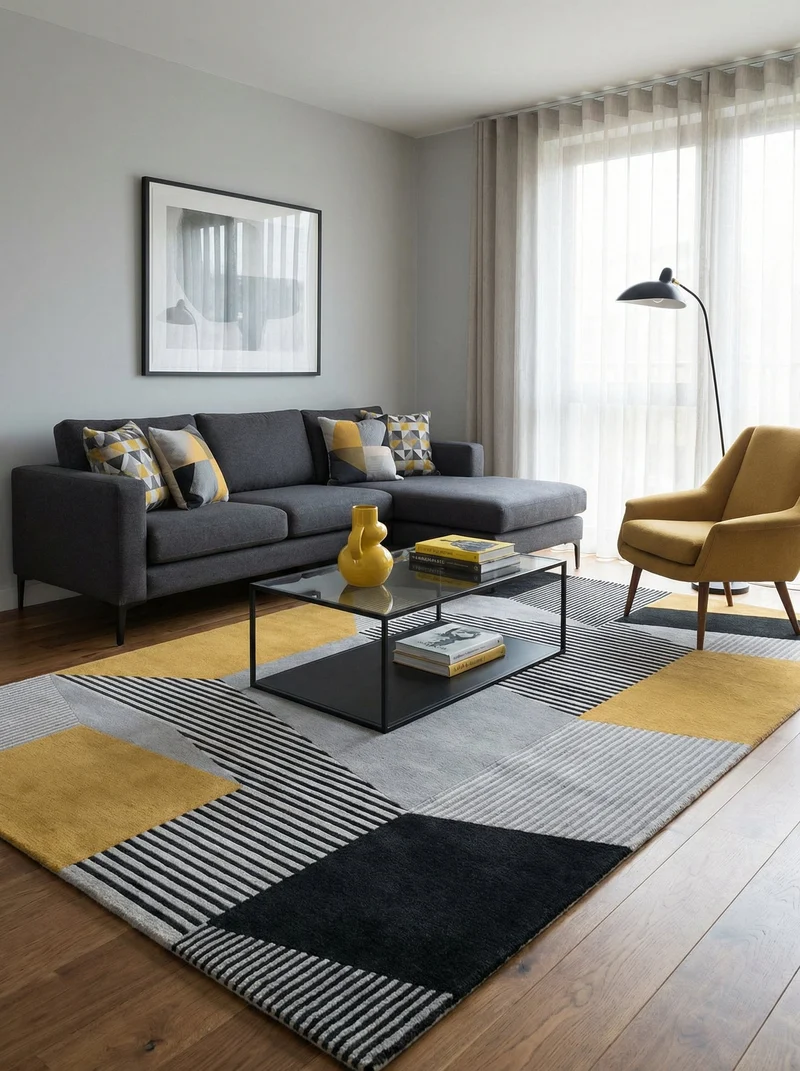 Tapis Lavable Géométrique Jaune & Gris - Skyline