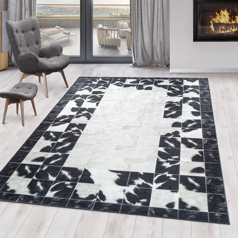 FIESTA - Tapis patchwork imitation peau noir et blanc - FIE4307NOI