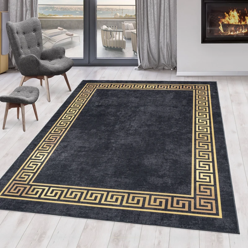 FIESTA - Tapis à frise grecque noir et doré - FIE4305NOI