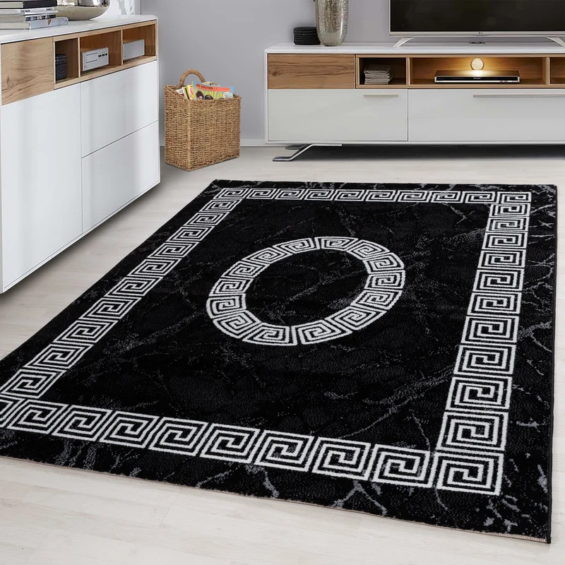 PLUS - Tapis à poils courts style grec noir - PLU8009NOI