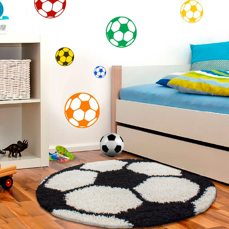 FUN - Tapis enfant shaggy rond à poils long motif ballon de foot noir - FUN6001NOI