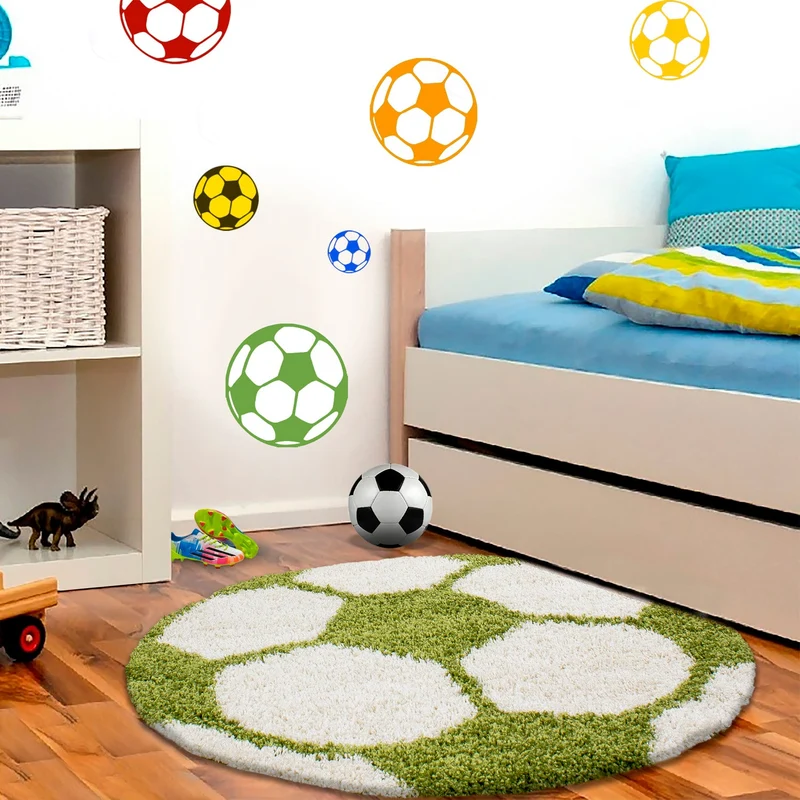 FUN - Tapis enfant shaggy rond à poils long motif ballon de foot vert - FUN6001VER