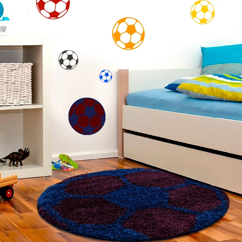 FUN - Tapis enfant shaggy rond à poils long motif ballon de foot bleu - FUN6001BLE