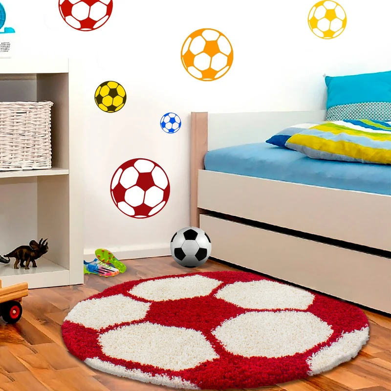 FUN - Tapis enfant shaggy rond à poils long motif ballon de foot rouge - FUN6001ROU