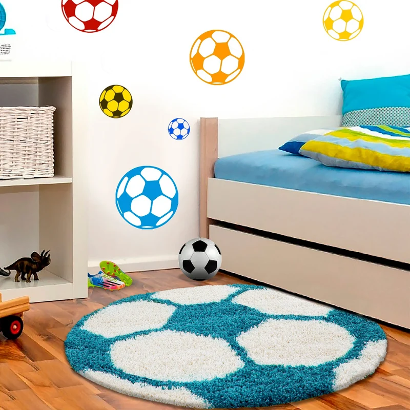 FUN - Tapis enfant shaggy rond à poils long motif ballon de foot turquoise - FUN6001TUR