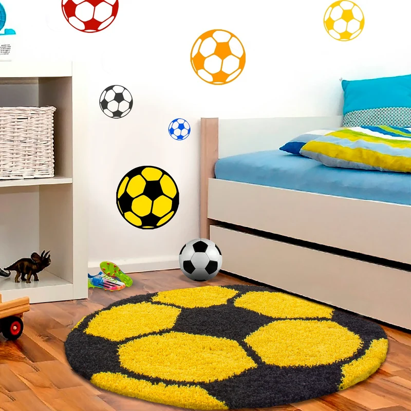 FUN - Tapis enfant shaggy rond à poils long motif ballon de foot jaune - FUN6001JAU