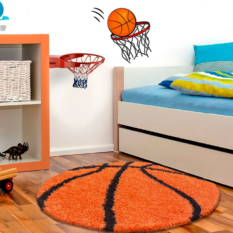 FUN - Tapis enfant shaggy rond à poils long motif ballon de basket orange - FUN6002ORA