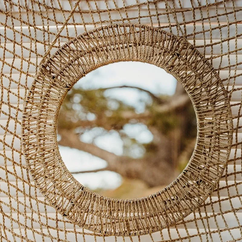 Miroir rond en corde de palmier – Décoration murale artisanale bohème