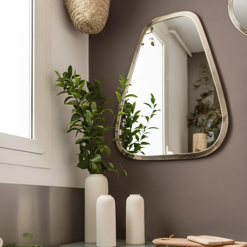 Miroir mural trapèze argenté artisanal – 80 cm