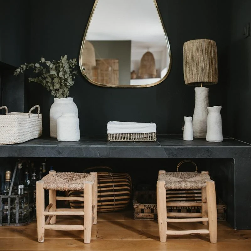 Tabouret d'appoint Salon en Bois & Fibre Tressé - Fait Main