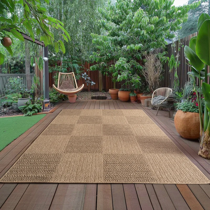 LINORA – Tapis intérieur/extérieur beige, motif damier aspect jute - LIN1405BEI
