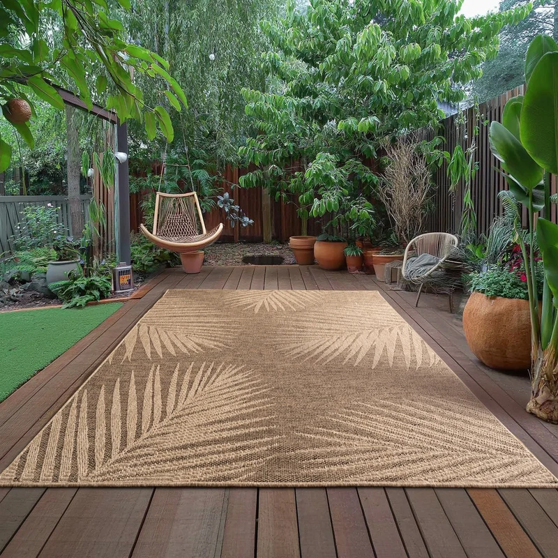 LINORA – Tapis intérieur/extérieur beige, motif feuille aspect jute - LIN1403MAR