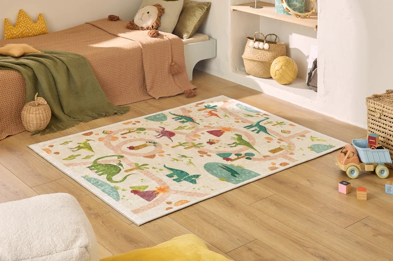 HAPPY - Tapis enfant lavable en machine beige à motifs dinosaures - HAP737BEI