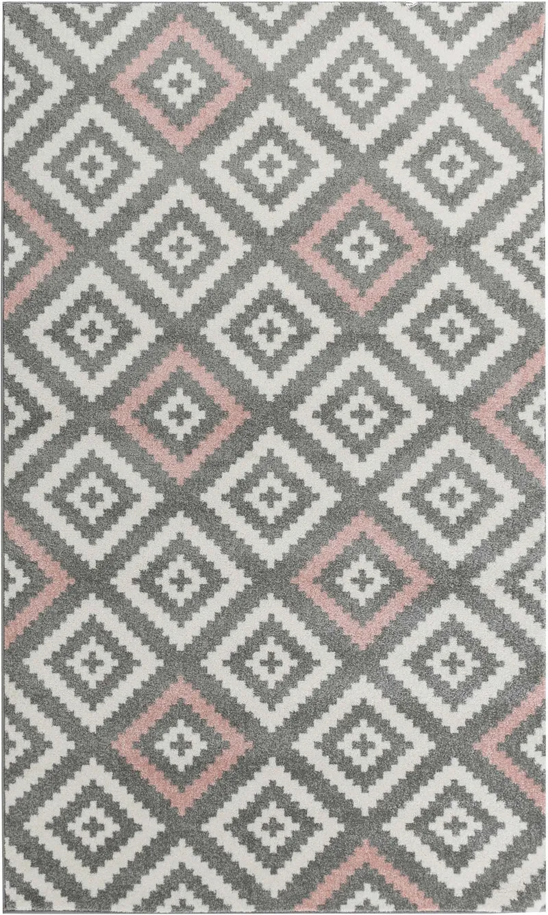 TAVLA - Tapis de salon en laine artificielle motifs graphiques rose et gris - TAV100ROS