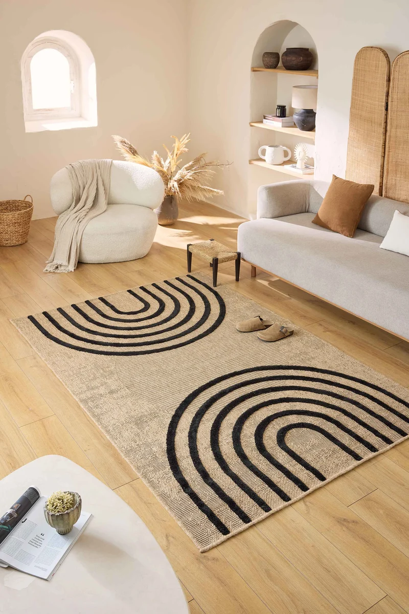 PALMA - Tapis aspect jute à motifs en arcs de cercle noirs - PAL9495NOI