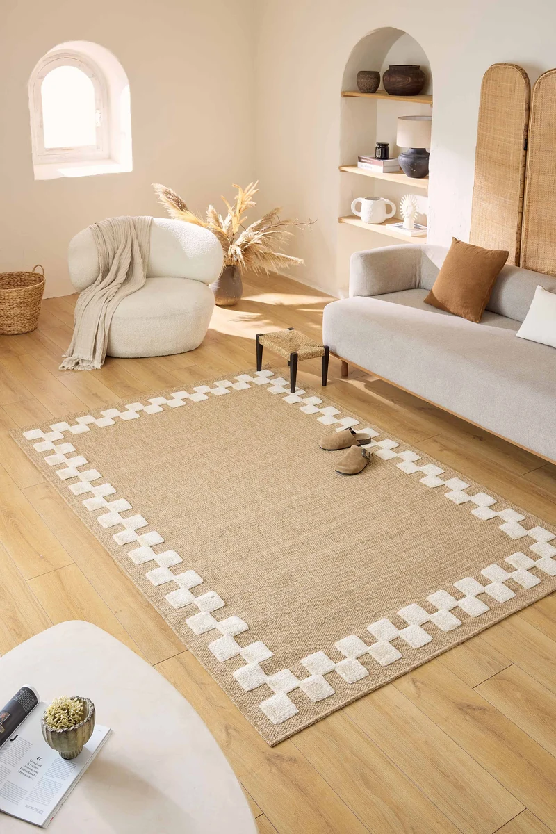 PALMA - Tapis aspect jute avec contour damier blanc - PAL9496BLA