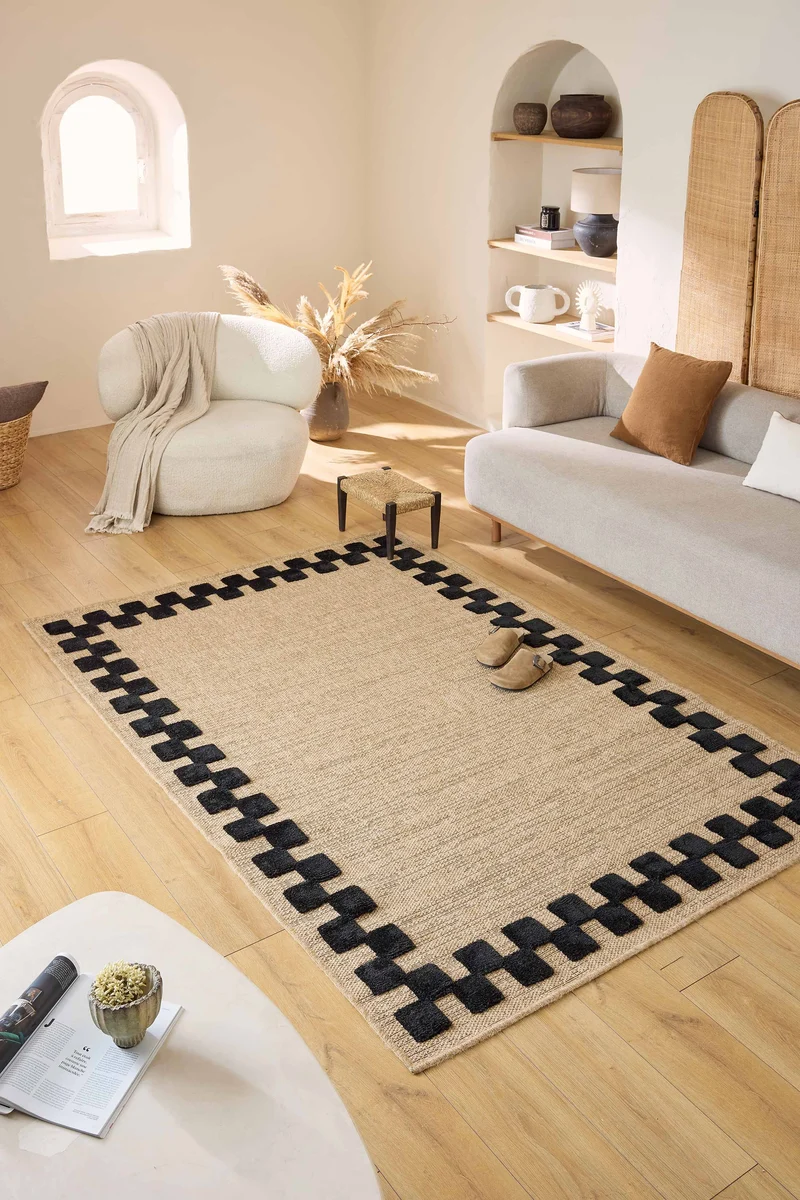 PALMA - Tapis aspect jute avec contour damier noir - PAL9496NOI
