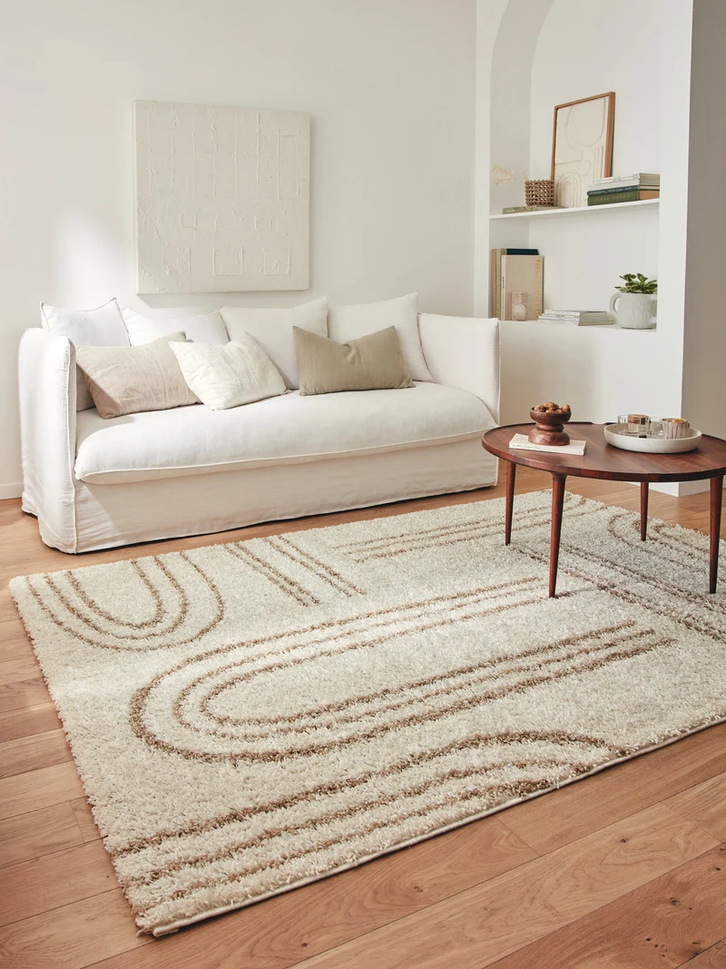 OLYMPE - Tapis à poils longs avec motifs graphiques beiges - OLY1068BEI