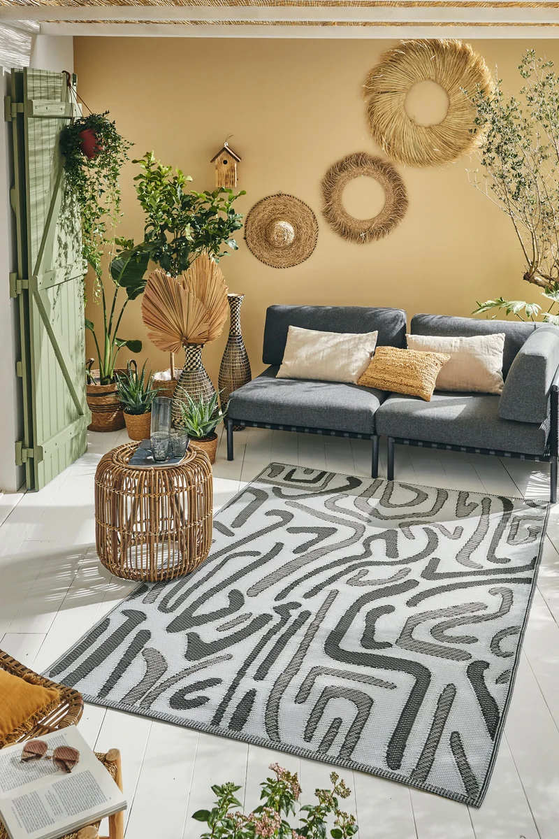 CAPRI - Tapis d'extérieur réversible noir à motifs abstrait - CAP1741NOI