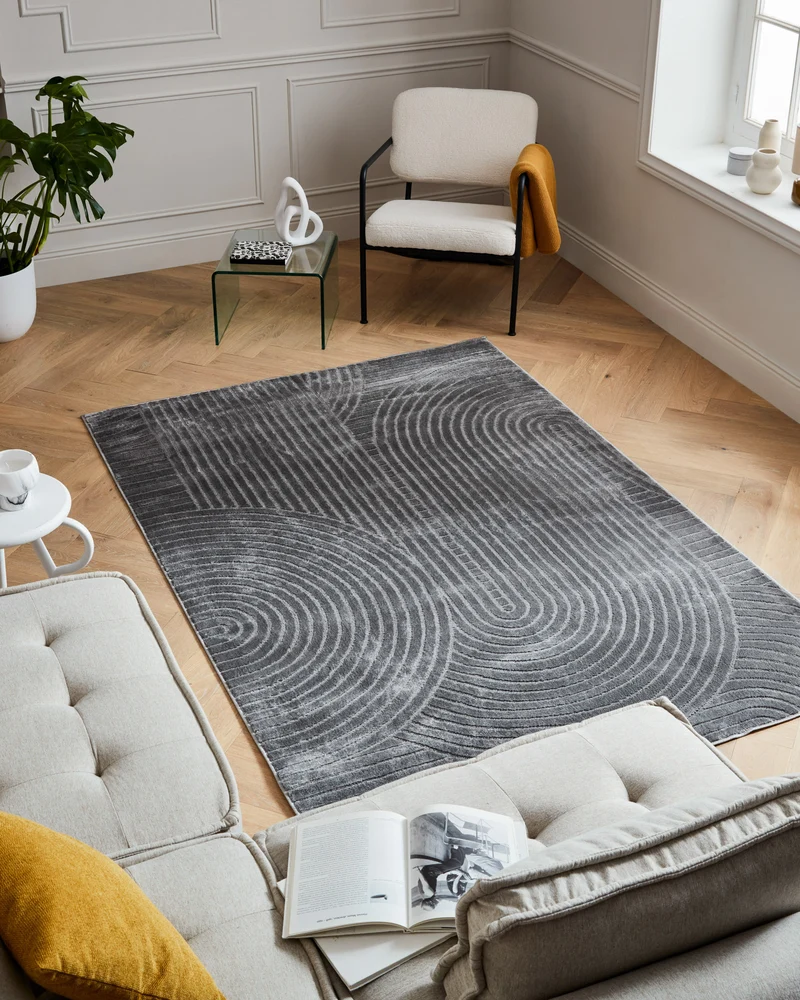 Tapis poils ras motif demi arc en relief gris : BLO1038GRI