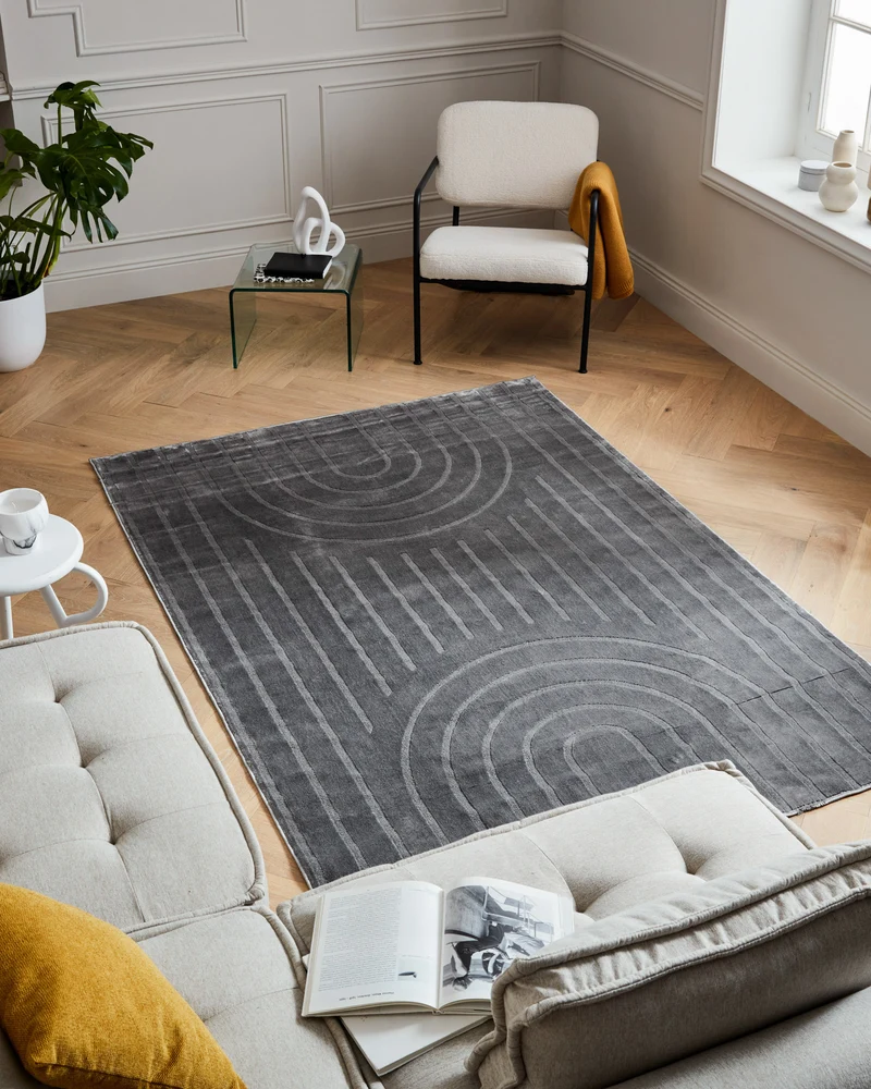 Tapis poils ras motif arc de cercle en relief gris : BLO1037GRI