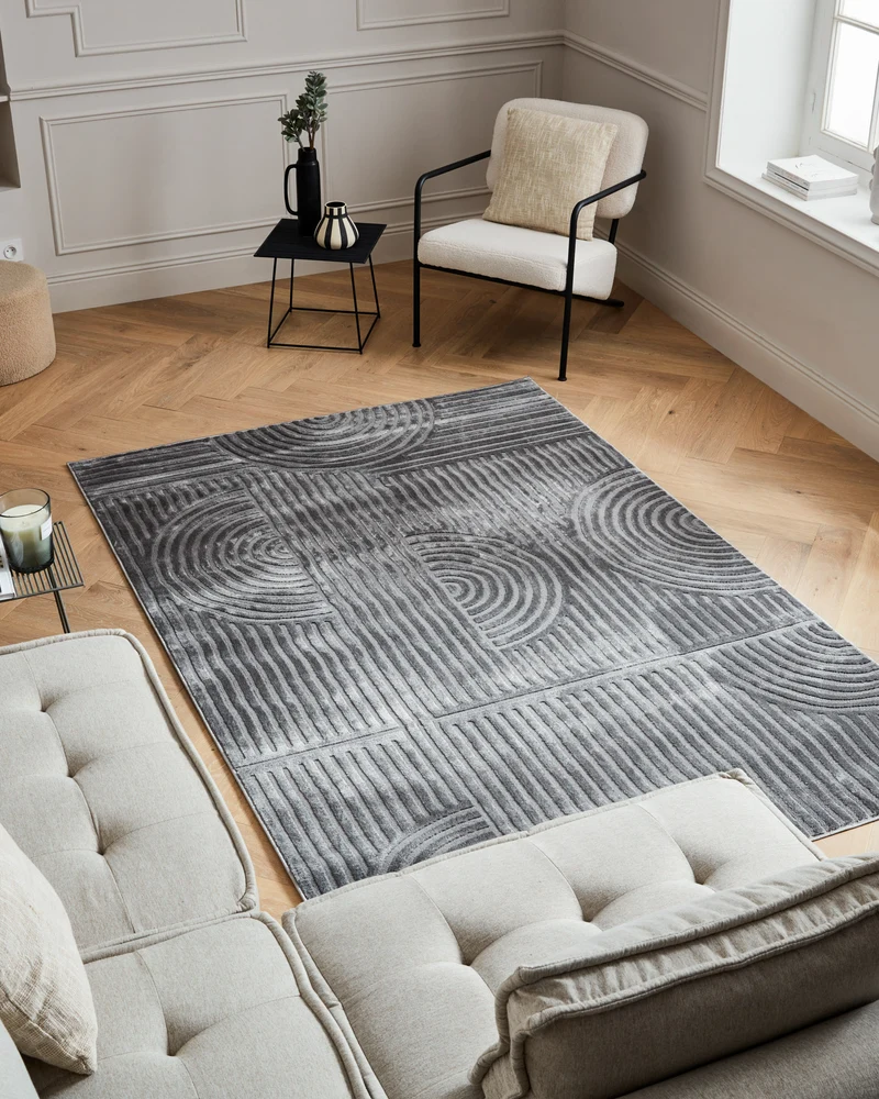 Tapis poils ras motif graphique en relief gris : BLO1036GRI