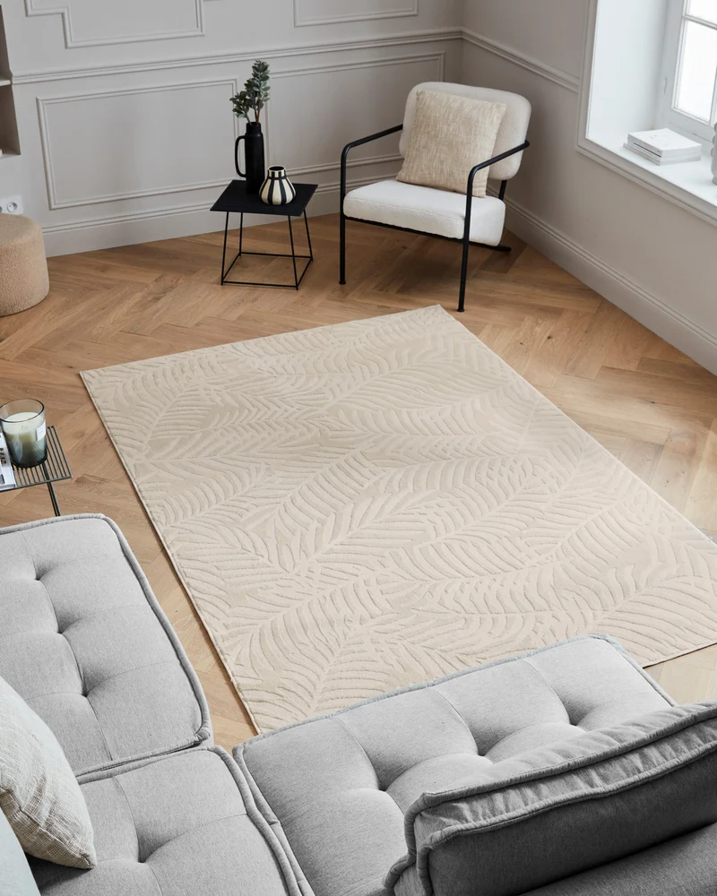 Tapis poils ras motif feuille en relief crème : BLO1035CRE