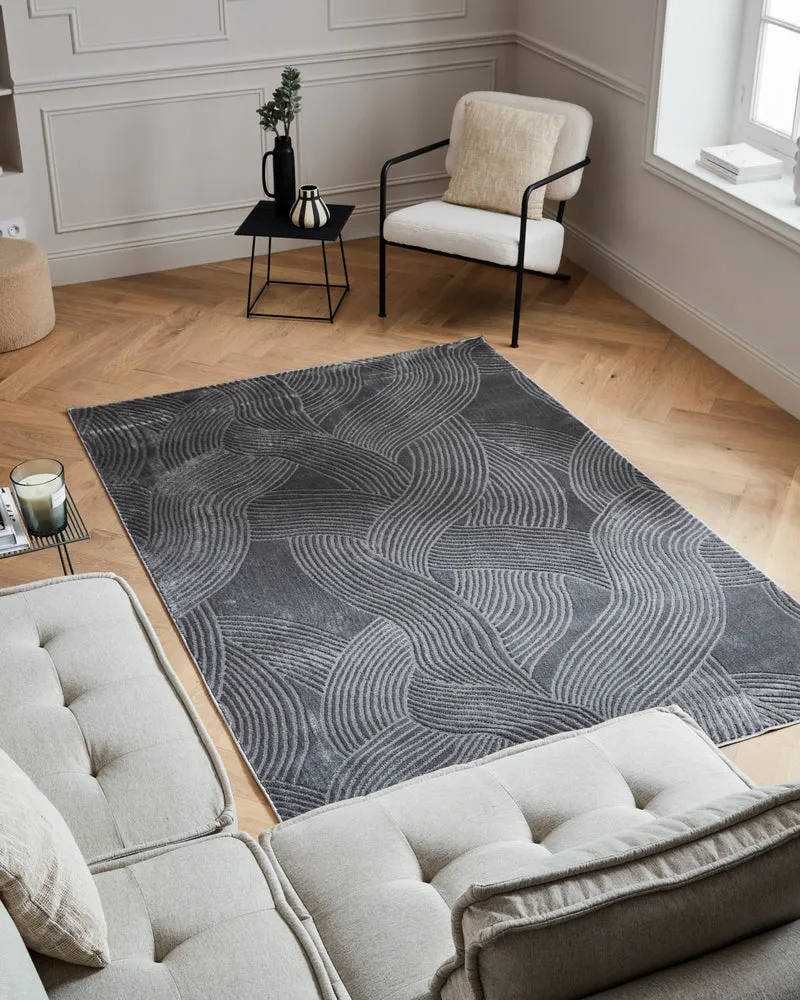 Tapis poils ras motif abstrait en relief gris : BLO1034GRI