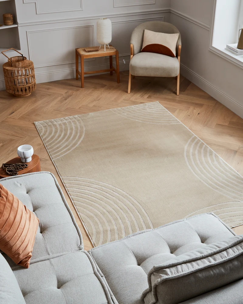 Tapis poils ras motif arc en relief beige : BLO1030BEI