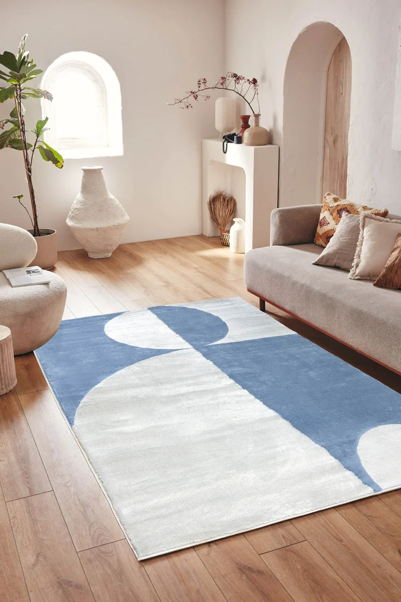Tapis de salon à poils ras motif géométrique bleu : NEL793BLE