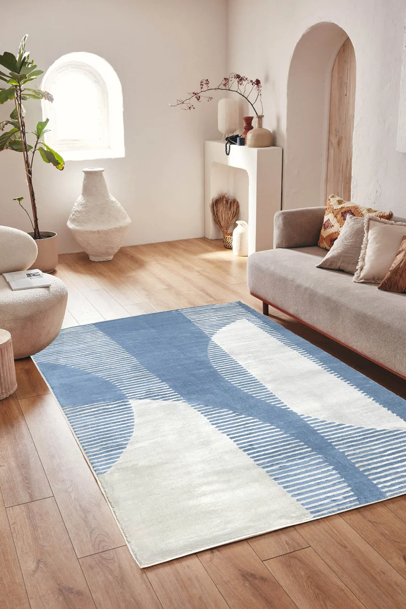 Tapis de salon à poils ras motif abstrait bleu : NEL791BLE