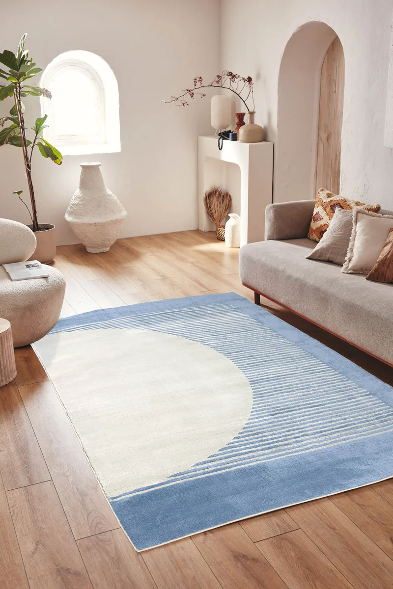Tapis de salon à poils ras motif demi-cercle bleu : NEL790BLE