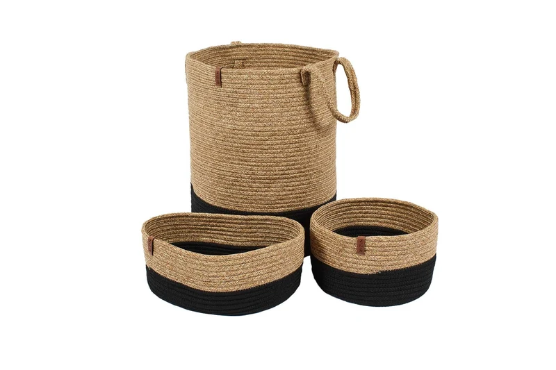 lot de Panier de rangement bicolores aspect jute fait main noir et beige : CAL4203NOI