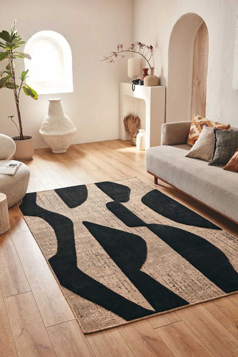 PALMA - Tapis aspect jute avec motif en relief noir - PAL9489NOI