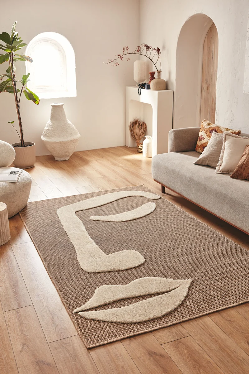 PALMA - Tapis aspect jute avec motif visage blanc - PAL9493BLA