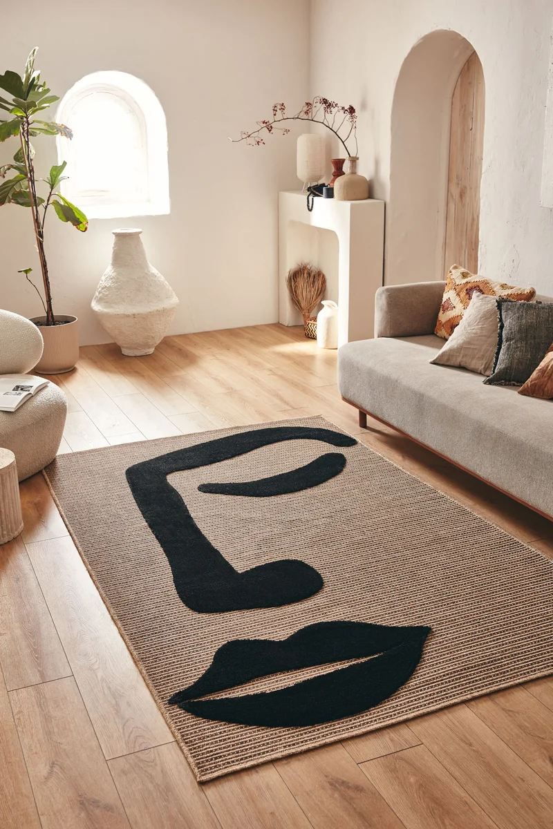 PALMA - Tapis aspect jute avec motif visage noir - PAL9493NOI