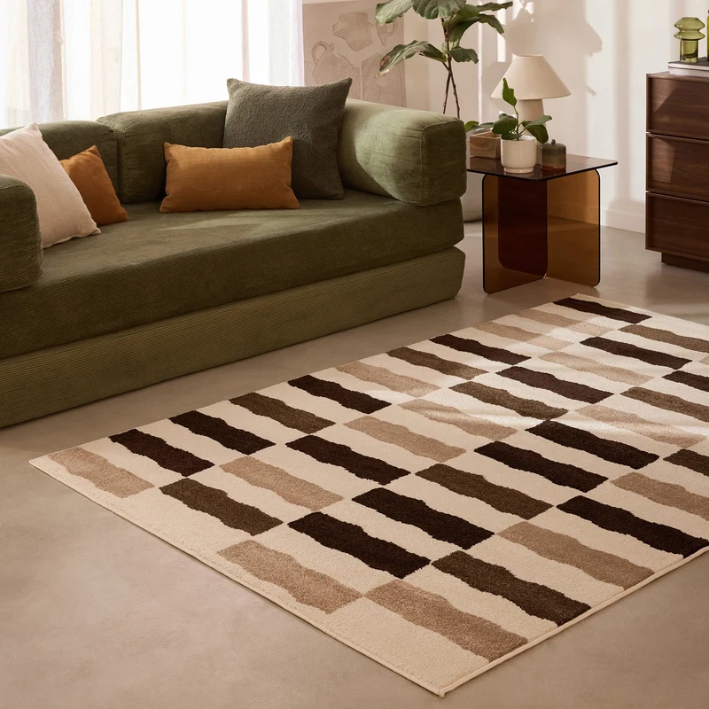 SANTAL - Tapis moderne écru, vert et terracotta à rayures irrégulières - SAN681BEI