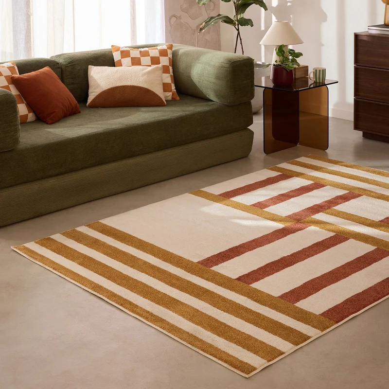 SANTAL - Tapis géométrique écru, ocre et terracotta à rayures - SAN682OCR