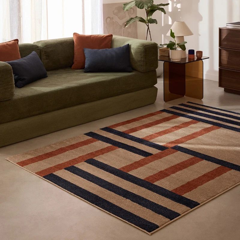SANTAL - Tapis géométrique beige, bleu marine et terracotta à rayures - SAN682BLE