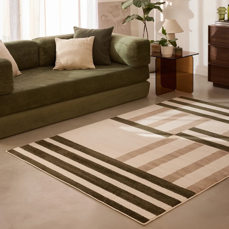 SANTAL - Tapis géométrique écru, vert kaki et beige à rayures - SAN682VER