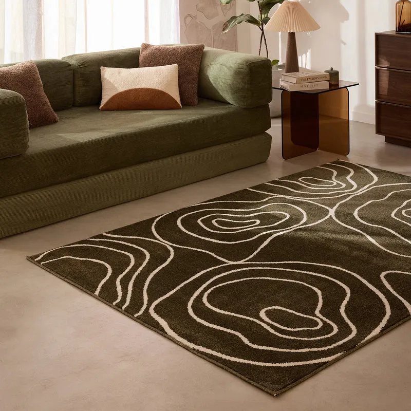 SANTAL - Tapis abstrait vert kaki à lignes organiques - SAN684VER
