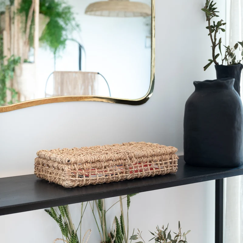 Boîte de rangement LINE plate avec couvercle - corde de palmier tressée