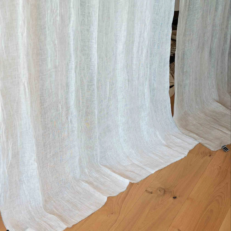 Rideau Voilage 100% Lin Ajustable - Blanc et Naturel