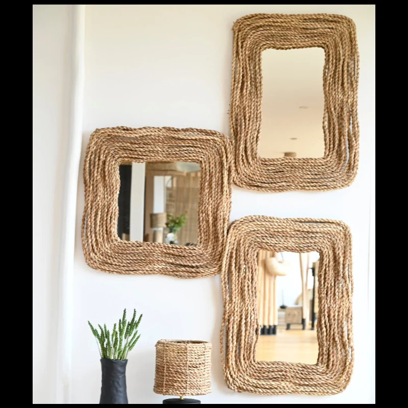 Miroir Carré Tressé Corde Naturelle 60x60cm - Style Ethnique Bohème