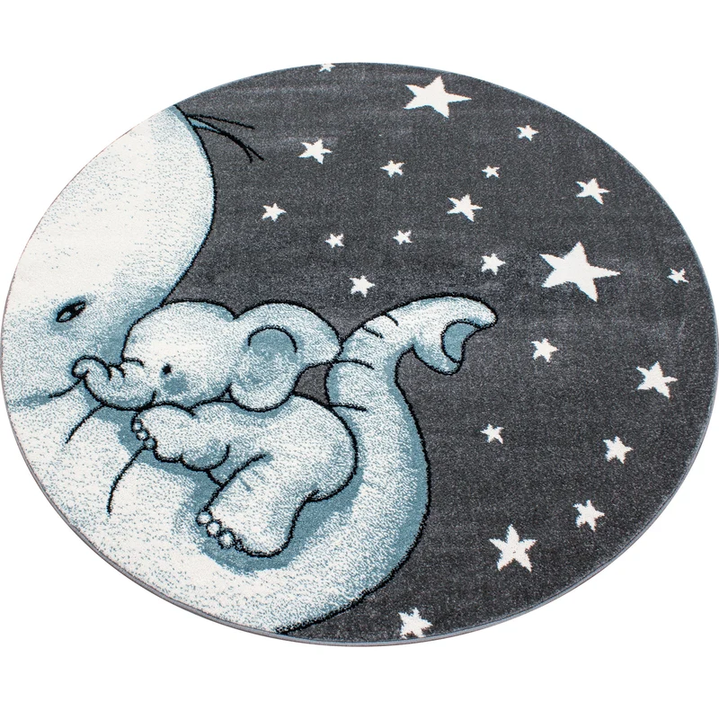 KIDS - Tapis enfant rond à motif elephant bleu - KID0560BLE